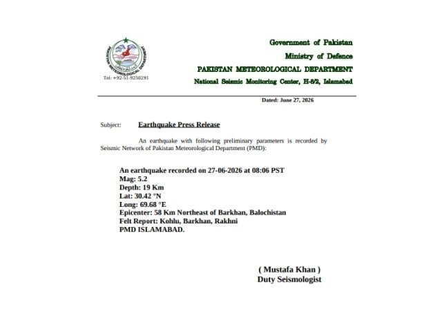 Três feridos quando terremoto de magnitude 5,2 atinge Barkhan, no Baluchistão