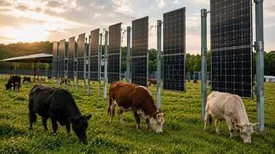 Em Nova Jersey, vacas chamadas Blossom, Misty e Flurry pastam sob painéis solares enquanto os cientistas testam se um campo pode produzir alimentos e energia limpa | Notícias do mundo