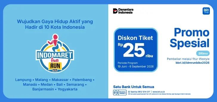 Os ingressos Indomaret Fun Run 2026 podem ser adquiridos via BRImo com desconto de IDR 25.000